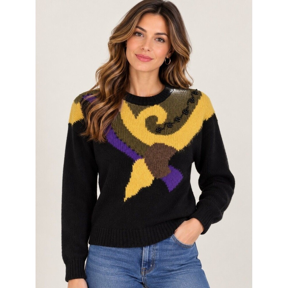 Vintage 80s Angenie beaded abstract pattern sweater, thick heavy, S, black multi
